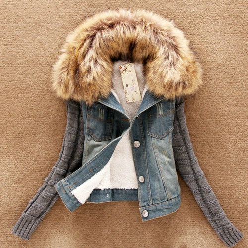 Women's Furx Collar Warm Cotton Denim Jacket Coats #fl9902